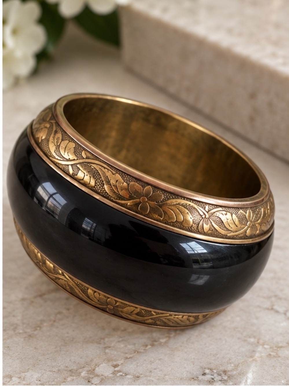 Vintage Brass and Black Ornate Bangle Braceket
